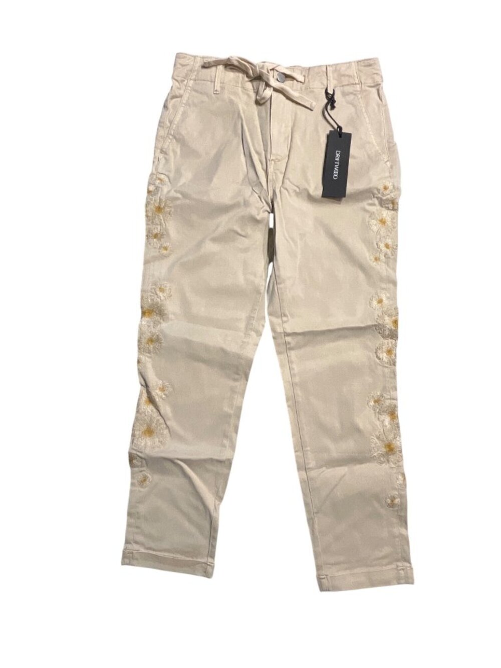 Driftwood Womens Beige Chino Pants Daisy Embroidery Size L NWT Cotton Tencel Ble